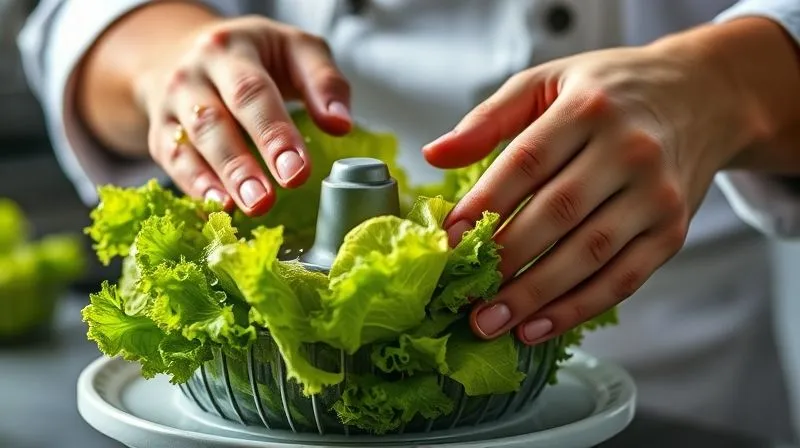 Photorealistic, professional photography, 8K, cinematic lighting, sharp focus, depth of field, shot on a high-end DSLR. A chef's hands expertly using a salad spinner, water droplets flying off vibrant green lettuce. The scene emphasizes meticulous preparation and attention to detail for food freshness, conveying a sense of mastery in the kitchen.