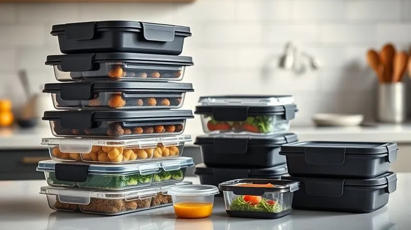 Photorealistic, professional photography, 8K, cinematic lighting, sharp focus, depth of field, shot on a high-end DSLR. A stack of various modern, airtight lunchboxes and bento boxes, some with multiple compartments and small dressing containers, arranged neatly on a clean kitchen counter. The scene conveys organization, smart meal prep, and the promise of fresh, healthy meals on the go.