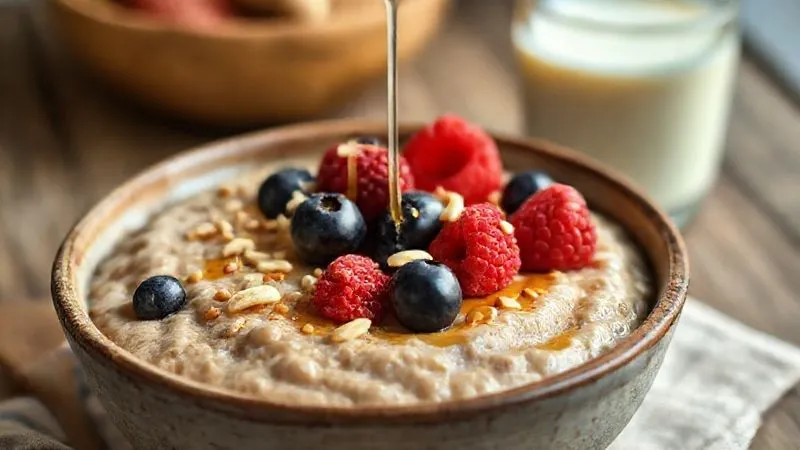 A photorealistic image of a beautifully presented sweet buckwheat porridge in a rustic bowl, topped with fresh berries (raspberries, blueberries), a sprinkle of chopped nuts, and a drizzle of honey. In the background, a small glass of buckwheat milk. Soft, natural light, sharp focus on the porridge, depth of field blurring the background, 8K hyper-detailed, professional food photography.