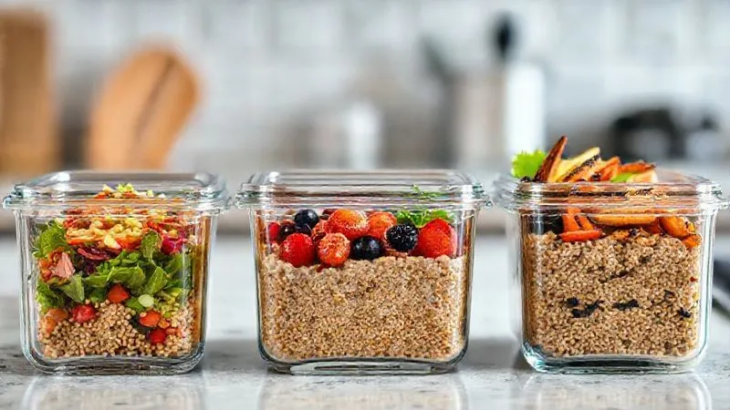 A photorealistic, professional photography image of several clear glass meal prep containers neatly arranged on a kitchen counter. Each container holds a different, colorful buckwheat-based meal: one with a savory buckwheat salad, another with buckwheat porridge and berries, and a third with buckwheat and grilled vegetables. Cinematic lighting, sharp focus on the food, depth of field blurring the background, 8K hyper-detailed, shot on a high-end DSLR.