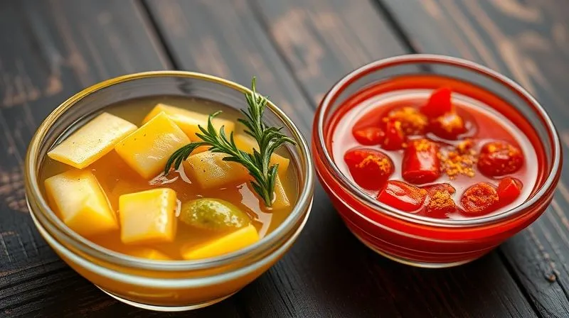 photorealistic, professional photography, 8K, cinematic lighting, sharp focus, depth of field, shot on a high-end DSLR, a close-up of three small, glass bowls filled with vibrant, colorful marinades: one golden-yellow Asian marinade with ginger slices, one green-herb Mediterranean marinade with fresh rosemary, and one deep red Mexican marinade with chili flakes. The bowls are artfully arranged on a dark, rustic wooden surface, with soft, inviting light enhancing the textures and colors of the ingredients, suggesting delicious possibilities.