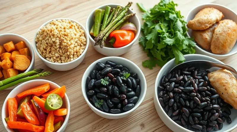 photorealistic, professional photography, 8K, cinematic lighting, sharp focus, depth of field, shot on a high-end DSLR, a vibrant and colorful assortment of healthy meal prep ingredients spread across a light wooden table. Focus on small bowls containing cooked quinoa, roasted sweet potatoes, fresh green asparagus, a colorful bell pepper and onion mix, and a portion of black beans, all ready to be combined with chicken. The scene is bright and inviting, emphasizing freshness and nutritional diversity.