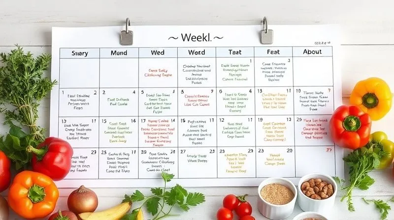 photorealistic, professional photography, 8K, cinematic lighting, sharp focus, depth of field, shot on a high-end DSLR, a neatly organized meal planning calendar for a week, with different, colorful chicken meal prep ideas written on each day. The calendar is surrounded by fresh ingredients like herbs, colorful bell peppers, and small containers, suggesting preparation and variety. The scene is clean, bright, and inspiring, conveying a sense of organized health and deliciousness.