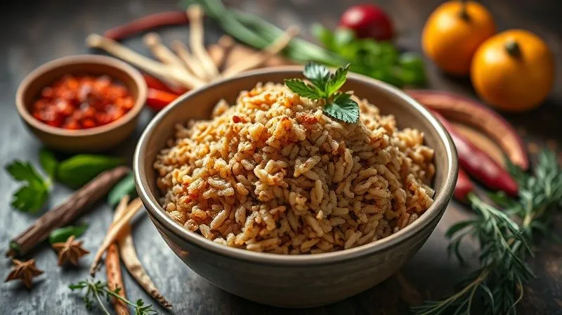 Photorealistic, professional photography, 8K, cinematic lighting, sharp focus, depth of field, shot on a high-end DSLR, a vibrant selection of exotic spices and fresh herbs, artfully arranged around a bowl of perfectly cooked brown rice, with steam gently rising, emphasizing a rich palette of flavors.