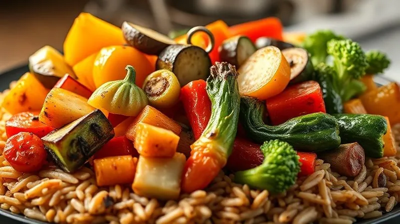 Photorealistic, professional photography, 8K, cinematic lighting, sharp focus, depth of field, shot on a high-end DSLR, a vibrant, colorful medley of perfectly roasted and fresh vegetables, artfully arranged on a bed of brown rice, with steam gently rising, highlighting the textures and natural beauty of the produce.