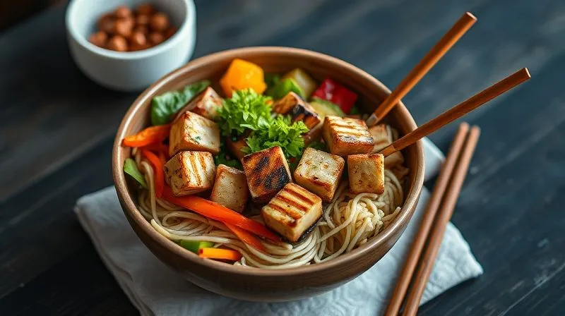 Photorealistic, professional photography, 8K, cinematic lighting, sharp focus, depth of field, shot on a high-end DSLR, a beautifully composed Asian-inspired brown rice bowl, featuring colorful vegetables, grilled tofu, and a light sauce, presented on a minimalist table with chopsticks, evoking global culinary adventure.