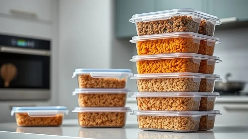 Photorealistic, professional photography, 8K, cinematic lighting, sharp focus, depth of field, shot on a high-end DSLR, neatly organized meal prep containers filled with diverse, colorful brown rice dishes, stacked in a modern, minimalist kitchen, symbolizing efficiency and healthy planning.