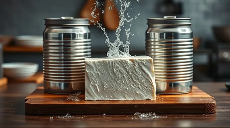 A close-up, photorealistic image of a block of tofu being pressed between two cutting boards with heavy cans on top, water visibly being squeezed out, professional kitchen background, cinematic lighting, sharp focus, depth of field, 8K, shot on a high-end DSLR.
