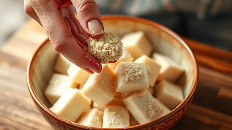 A photorealistic image of a hand lightly dusting pressed tofu cubes with cornstarch over a bowl, preparing them for frying. The scene is bright and clean, emphasizing healthy cooking, cinematic lighting, sharp focus on the hands and tofu, depth of field, 8K, shot on a high-end DSLR.