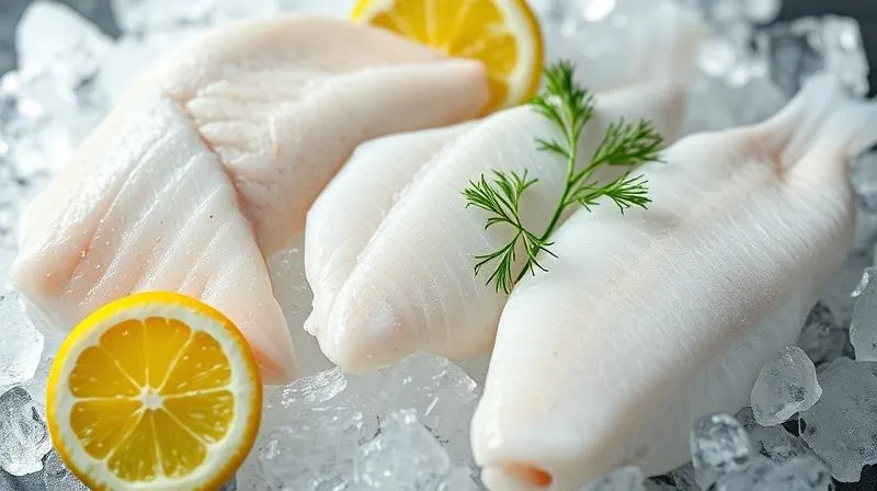 photorealistic, professional photography, 8K, cinematic lighting, sharp focus, depth of field, shot on a high-end DSLR, a selection of fresh, raw white fish fillets (cod, tilapia, pollock) arranged neatly on crushed ice with lemon wedges and fresh dill, emphasizing freshness and low odor potential.