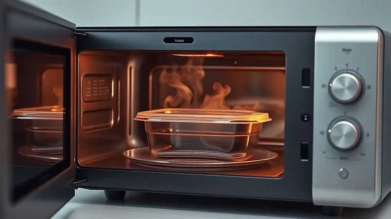 photorealistic, professional photography, 8K, cinematic lighting, sharp focus, depth of field, shot on a high-end DSLR, a modern, sleek office microwave oven with a subtle steam rising from a glass lunchbox being heated inside. The environment is clean and professional, emphasizing a discreet and efficient heating process.