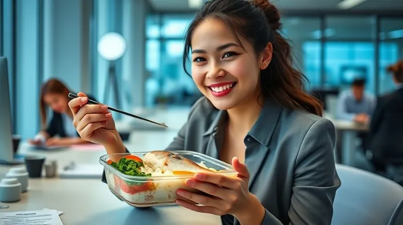 photorealistic, professional photography, 8K, cinematic lighting, sharp focus, depth of field, shot on a high-end DSLR, a confident and smiling young professional woman (Anna) enjoying a fresh, appealing fish lunch from a glass bento box at her clean, modern office desk, with colleagues in the background casually working, no signs of discomfort or odor.