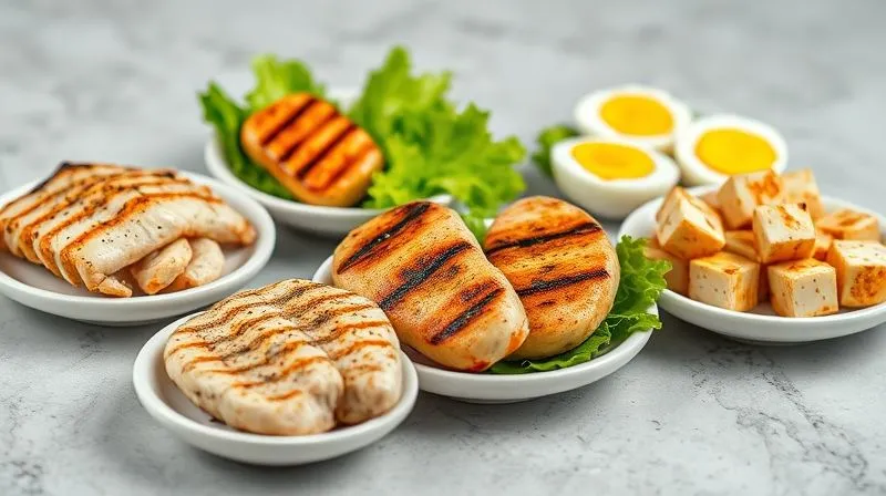 photorealistic, professional photography, 8K, cinematic lighting, sharp focus, depth of field, shot on a high-end DSLR, a variety of perfectly grilled chicken breasts, flaked salmon, hard-boiled eggs, and marinated tofu cubes arranged attractively on separate small plates, ready to be added to salads, emphasizing healthy protein sources.