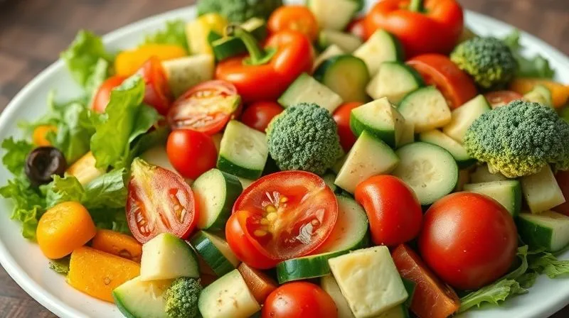 photorealistic, professional photography, 8K, cinematic lighting, sharp focus, depth of field, shot on a high-end DSLR, a vibrant, colorful array of fresh, low-carb vegetables like leafy greens, red and yellow bell peppers, cherry tomatoes, cucumber slices, broccoli florets, and avocado cubes, artfully arranged on a large white platter, ready for salad preparation.