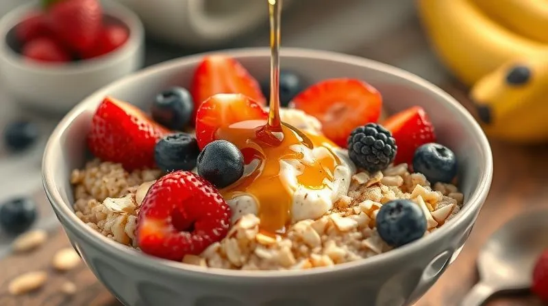 A photorealistic, professional photography, 8K, cinematic lighting, sharp focus, depth of field shot on a high-end DSLR of a vibrant, sweet breakfast bowl featuring cooked millet kasza mixed with creamy cottage cheese, topped generously with fresh, colorful berries (strawberries, blueberries, raspberries), a drizzle of honey, and a sprinkle of chopped almonds. The presentation is artistic and inviting, with soft, morning light.