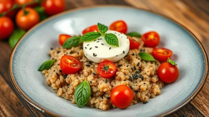 A photorealistic, professional photography, 8K, cinematic lighting, sharp focus, depth of field shot on a high-end DSLR of a beautifully plated, colorful kasza and cottage cheese dish. The kasza is buckwheat, topped with a dollop of creamy cottage cheese, surrounded by vibrant cherry tomatoes, fresh green basil leaves, and a sprinkle of black sesame seeds, showcasing an artistic and appetizing presentation. The lighting is bright and inviting.