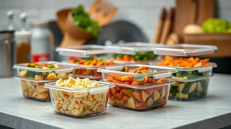 A photorealistic, professional photography, 8K, cinematic lighting, sharp focus, depth of field shot on a high-end DSLR of a neatly organized kitchen counter with several glass meal prep containers filled with various colorful and healthy kasza and cottage cheese dishes, ready for the week. Fresh ingredients are visible in the background, suggesting preparation. The scene conveys efficiency, health, and variety.