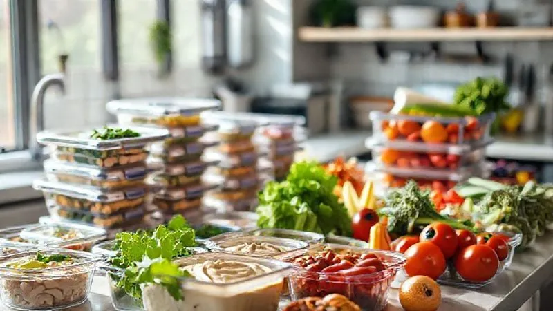 A professional kitchen counter filled with neatly organized meal prep containers, colorful vegetables, and various hummus ingredients, bathed in natural morning light. The scene conveys efficiency and healthy preparation. photorealistic, professional photography, 8K, cinematic lighting, sharp focus, depth of field, shot on a high-end DSLR.