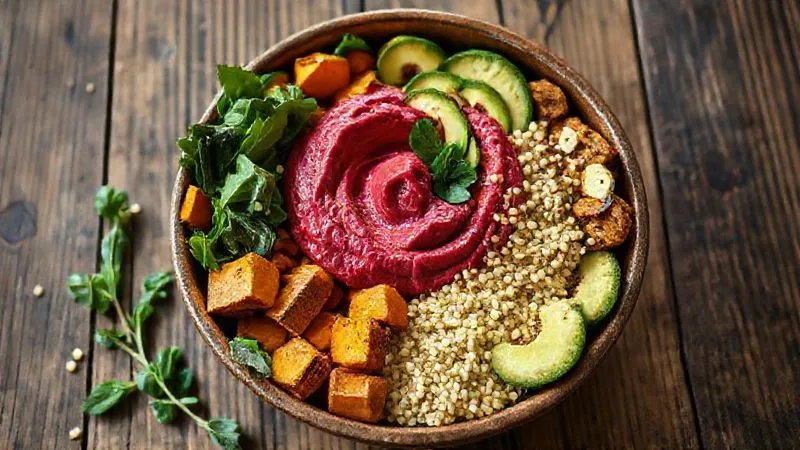 A beautifully arranged, colorful Buddha Bowl with a generous dollop of vibrant hummus (e.g., beetroot hummus), roasted sweet potatoes, fresh spinach, quinoa, sliced avocado, and a sprinkle of sesame seeds, seen from above on a rustic wooden table with soft, natural light. The image should convey health, abundance, and deliciousness. photorealistic, professional photography, 8K, cinematic lighting, sharp focus, depth of field, shot on a high-end DSLR.