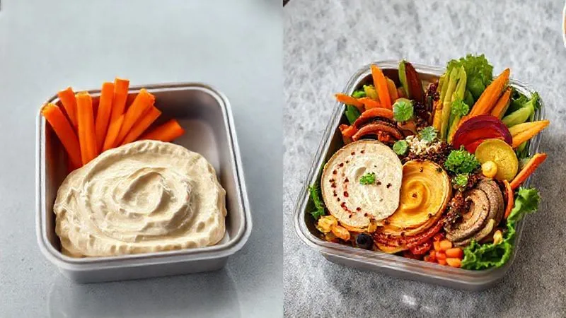 A split image showing two professional lunchboxes. On the left, a plain, uninspired lunchbox with classic hummus and simple carrot sticks, looking dull. On the right, a vibrant, diverse lunchbox filled with colorful hummus variations, an assortment of fresh and roasted vegetables, and healthy toppings, looking appealing and inspiring. Both lunchboxes are on a modern office desk. photorealistic, professional photography, 8K, cinematic lighting, sharp focus, depth of field, shot on a high-end DSLR.