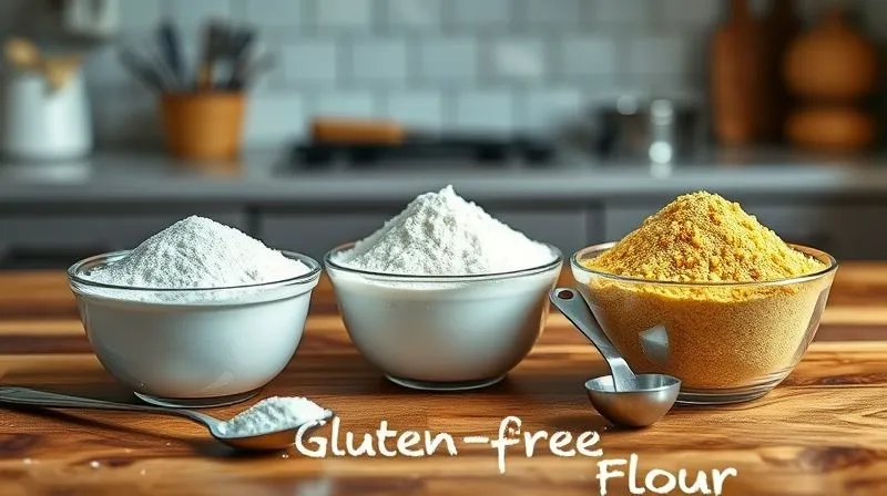 Photorealistic, professional photography, 8K, cinematic lighting, sharp focus on three distinct bowls filled with different gluten-free flours: white rice flour, tapioca starch, and a golden corn flour, arranged neatly on a rustic wooden table in a well-lit kitchen, with measuring spoons beside them, depth of field blurring the background, shot on a high-end DSLR, conveying precision and natural ingredients.