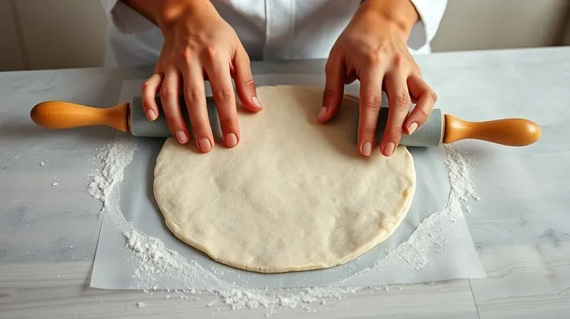 Photorealistic, professional photography, 8K, cinematic lighting, sharp focus on a pair of hands gently rolling out gluten-free rice tortilla dough between two sheets of parchment paper with a wooden rolling pin, the dough is perfectly round and thin, a light dusting of rice flour on the surrounding surface, a clean and minimalist kitchen background, depth of field blurring the background, shot on a high-end DSLR, emphasizing precision and ease.