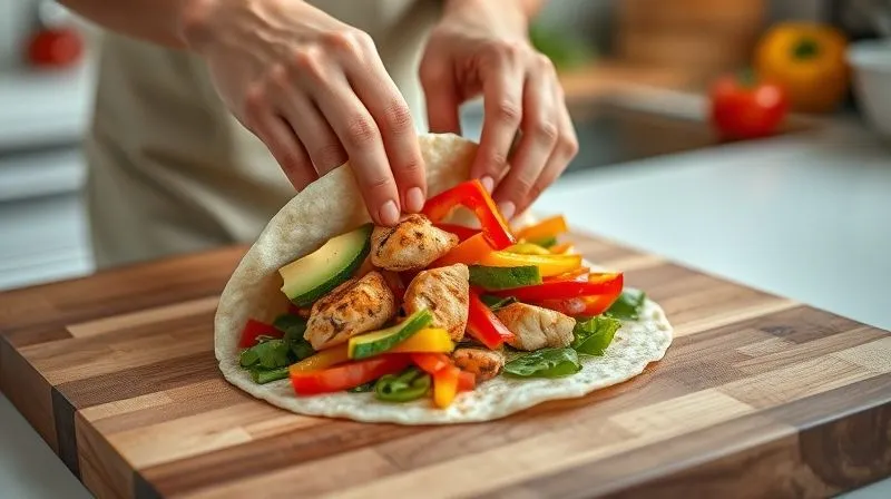 Photorealistic, professional photography, 8K, cinematic lighting, sharp focus on a pair of hands gently rolling a perfectly prepared gluten-free rice tortilla filled with vibrant, healthy ingredients like grilled chicken, avocado, and colorful bell peppers. The tortilla is intact and flexible, on a clean wooden cutting board in a brightly lit kitchen, depth of field blurring the background, shot on a high-end DSLR, emphasizing culinary skill and healthy eating.