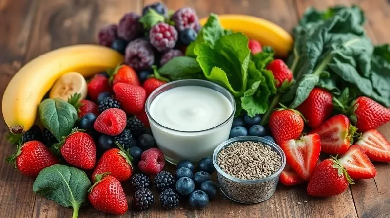 Photorealistic, professional photography, 8K, cinematic lighting, sharp focus, depth of field, shot on a high-end DSLR. A vibrant, colorful array of fresh smoothie ingredients laid out on a rustic wooden table. Include a variety of berries (strawberries, blueberries, raspberries), spinach, kale, a sliced banana, chia seeds, and a small container of Greek yogurt. The scene should convey freshness, health, and variety, with natural light highlighting the textures and colors.