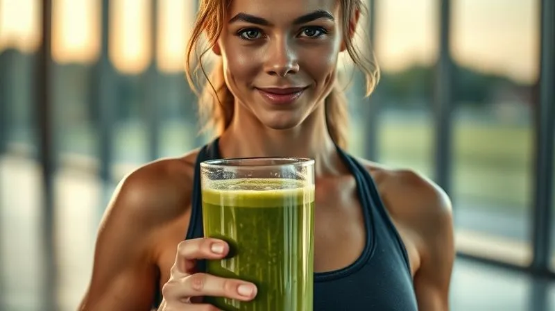 Photorealistic, professional photography, 8K, cinematic lighting, sharp focus, depth of field, shot on a high-end DSLR. A person in athletic wear, glistening with light sweat, holding a vibrant green banana smoothie after a workout. The background is a modern, clean gym environment or an outdoor park at sunrise, conveying a sense of energy, health, and accomplishment. Focus on the person's relaxed yet determined expression and the refreshing look of the smoothie.