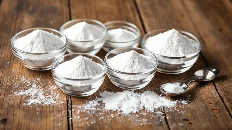 Photorealistic, professional photography, 8K, cinematic lighting, sharp focus, depth of field, shot on a high-end DSLR. A selection of various white powdered sweeteners (erythritol, xylitol, stevia extract) neatly arranged in small, clear glass bowls on a rustic wooden table, with a measuring spoon nearby, emphasizing purity and choice.