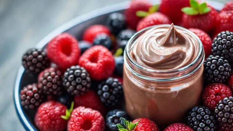 Photorealistic, professional photography, 8K, cinematic lighting, sharp focus, depth of field, shot on a high-end DSLR. A vibrant bowl of fresh, ripe mixed berries (raspberries, blueberries, blackberries) glistening with natural juices, placed next to a small glass jar of decadent fit chocolate cream, suggesting fresh and natural flavor pairings.