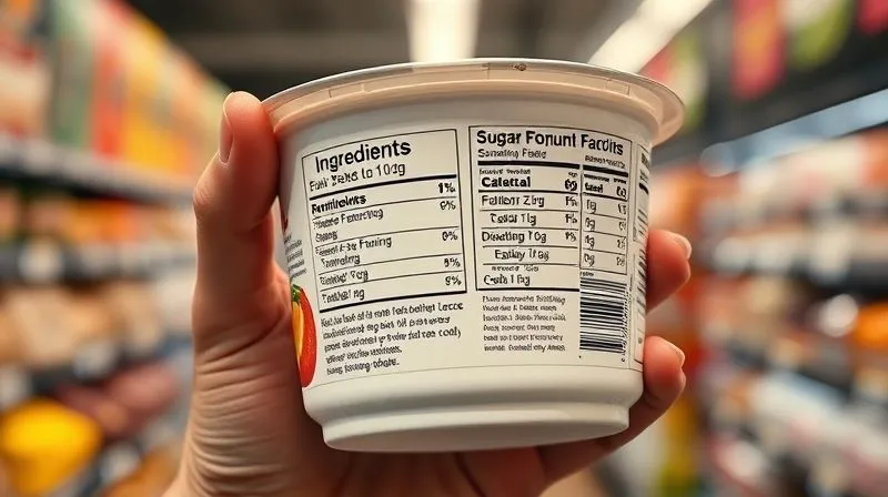 Photorealistic, professional photography, 8K, cinematic lighting, sharp focus, depth of field, shot on a high-end DSLR. A person's hand holding a commercially packaged fruit yogurt, scrutinizing the nutrition label with a confused expression. The label is in sharp focus, highlighting the 'ingredients' and 'sugar content' sections, with various sugar synonyms subtly emphasized. The background is a blurred supermarket aisle, suggesting the challenge of making informed choices. The scene conveys a sense of critical thinking and the struggle against misleading marketing.