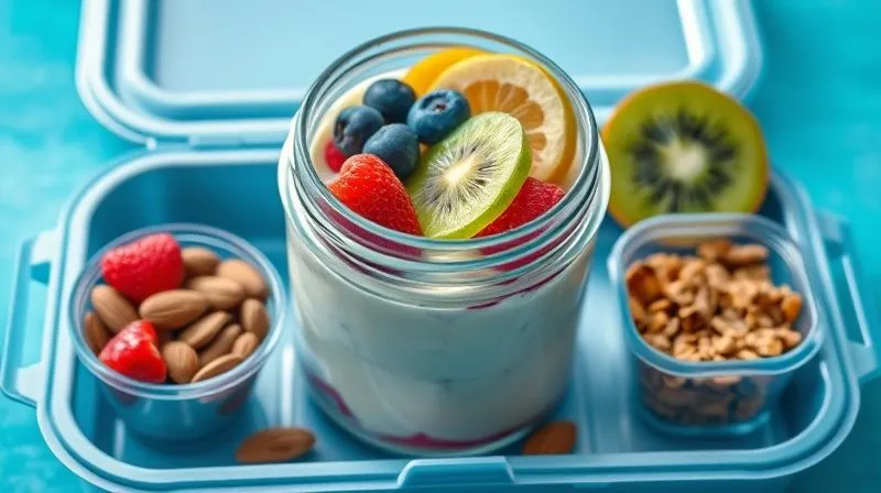 Photorealistic, professional photography, 8K, cinematic lighting, sharp focus, depth of field, shot on a high-end DSLR. A beautifully arranged lunchbox with a clear glass jar containing a creamy natural yogurt topped with a colorful medley of fresh berries (strawberries, blueberries, raspberries) and sliced kiwi. Next to it, a small container with crunchy granola and a few almonds. The scene is bright, fresh, and inviting, emphasizing healthy, homemade food preparation. The focus is on the vibrant colors and textures of the fresh ingredients, conveying a sense of natural goodness and mindful eating.