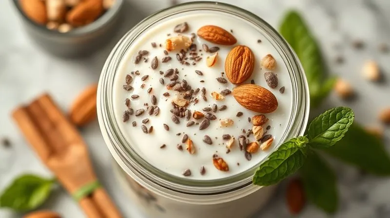 Photorealistic, professional photography, 8K, cinematic lighting, sharp focus, depth of field, shot on a high-end DSLR. A close-up, top-down view of a glass jar filled with a creamy natural yogurt, artfully topped with a sprinkle of chia seeds, a handful of toasted almonds, a dash of cinnamon, and a few fresh mint leaves. The texture of the yogurt is smooth, and the toppings are perfectly arranged, creating an appetizing and healthy visual. The light is soft and natural, emphasizing the wholesome ingredients and inviting one to enjoy a nutritious meal. This image should convey a sense of mindful eating and delicious health.