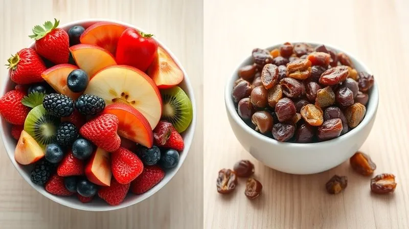 A side-by-side comparison, photorealistic image: on the left, a vibrant bowl of fresh berries, sliced apples, and kiwi; on the right, a smaller bowl overflowing with dried cranberries, raisins, and chopped dates. Both bowls are placed on a clean, light wooden surface, with contrasting textures. Cinematic lighting, sharp focus on the details of the fruit, depth of field blurring the background, 8K hyper-detailed.