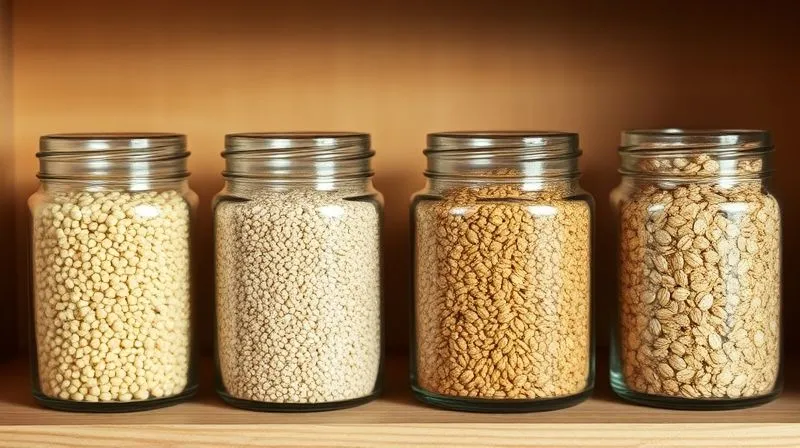 A visually appealing arrangement of various uncooked grains: white quinoa, raw buckwheat groats, millet, and thick rolled oats, each in a small, clear glass jar. The jars are neatly lined up on a minimalist wooden shelf, bathed in soft, diffused natural light, emphasizing their natural texture and color. Professional photography, 8K, cinematic lighting, sharp focus on the grains, depth of field blurring the background, shot on a high-end DSLR.