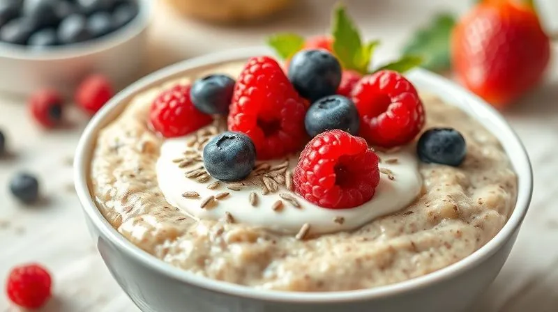 A vibrant, photorealistic bowl of healthy porridge (kasza) topped with a generous serving of fresh raspberries, blueberries, a sprinkle of chia seeds, and a dollop of creamy natural yogurt. The scene is bright and inviting, showcasing the textures and colors of the ingredients. Professional photography, 8K, cinematic lighting, sharp focus on the toppings, depth of field blurring the background, shot on a high-end DSLR.