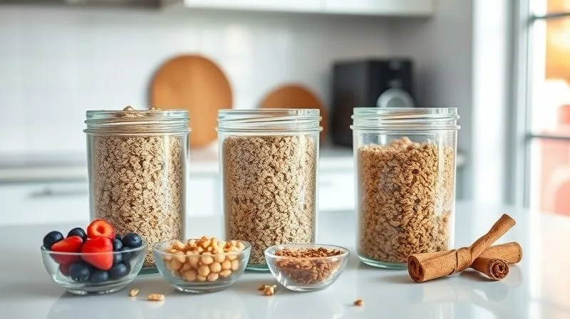 A well-organized meal prep scene: several clear glass containers filled with pre-cooked quinoa, oats, and buckwheat groats, neatly arranged on a kitchen counter. Alongside them are small bowls of fresh berries, chopped nuts, and cinnamon sticks, ready to be added. The setting is a clean, modern kitchen with good natural light. Professional photography, 8K, cinematic lighting, sharp focus on the meal prep containers, depth of field blurring the background, shot on a high-end DSLR.