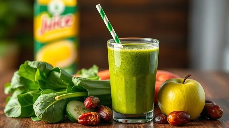 Photorealistic image of a clear glass of vibrant green smoothie with a straw, surrounded by whole, fresh ingredients like spinach, cucumber, green apple, and a small amount of dates, with a blurred background of a juice carton. Cinematic lighting, professional photography, 8K, sharp focus, depth of field.