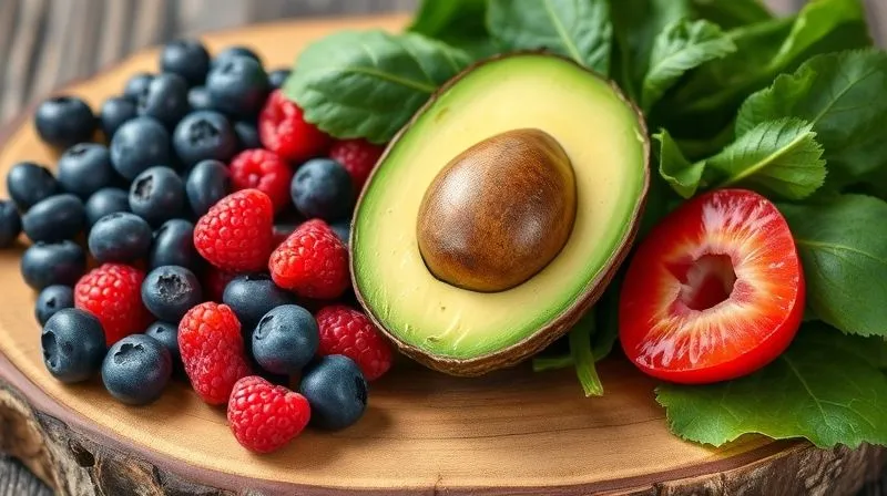 Photorealistic, professional photography, 8K, cinematic lighting, sharp focus, depth of field. A selection of low-sugar fruits like blueberries, raspberries, and half an avocado, alongside green leafy vegetables such as spinach and kale, artfully arranged on a rustic wooden board, ready for blending. The scene evokes freshness and natural goodness.