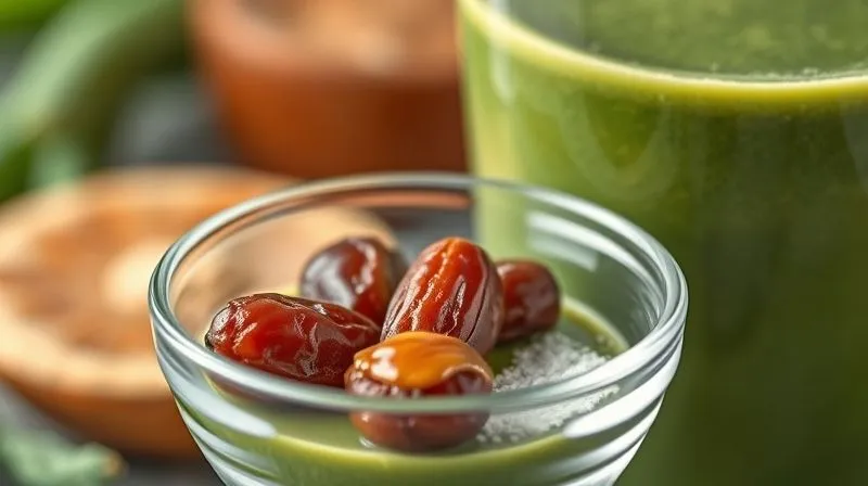 Photorealistic, professional photography, 8K, cinematic lighting, sharp focus, depth of field. A close-up shot of a small, elegant glass bowl containing a few dried dates, another with a sprinkle of white stevia powder, and a third with a tiny drizzle of maple syrup, against a blurred background of a green smoothie. The image highlights conscious choices in sweetening.
