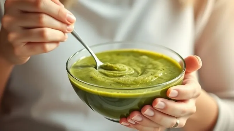 Photorealistic, professional photography, 8K, cinematic lighting, sharp focus, depth of field. A person slowly and thoughtfully enjoying a thick, vibrant green smoothie with a spoon in a stylish glass bowl. The background is softly blurred, suggesting a calm, healthy morning setting. The focus is on the act of mindful eating.