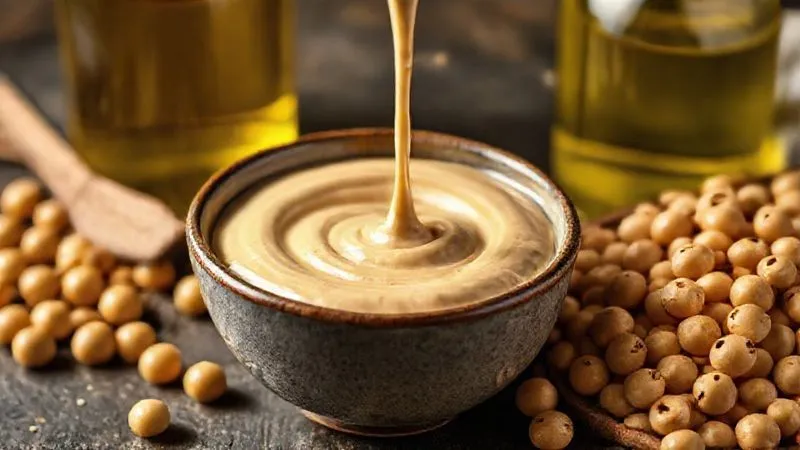A close-up, photorealistic image of high-quality tahini being poured into a bowl, next to a bottle of olive oil and a pile of cooked chickpeas, emphasizing the ingredients' texture and richness, with cinematic lighting and sharp focus.