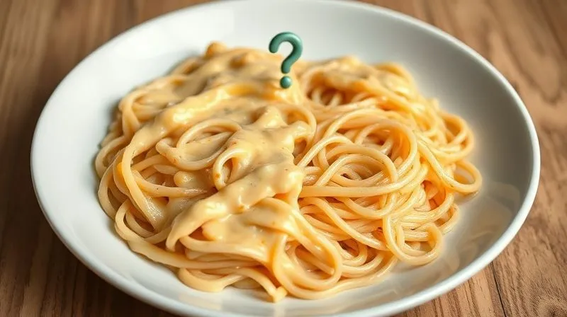 Photorealistic image of a plate with gluten-free rice noodles, half of the plate is visually overflowing with a rich, creamy, high-calorie sauce, while the other half shows plain, unadorned noodles. A subtle question mark hangs in the air above the creamy side, representing the hidden calorie trap. Cinematic lighting, sharp focus, 8K.