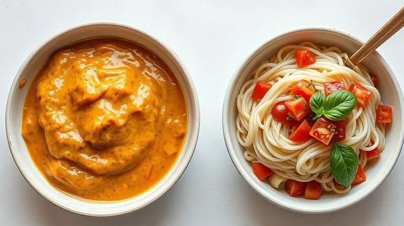 Photorealistic image comparing two bowls of gluten-free rice noodles. One bowl features a thick, oily, creamy sauce, visually heavy and unappetizing for a diet. The other bowl has a light, vibrant, fresh tomato-basil sauce, garnished with fresh herbs, looking healthy and appealing. Cinematic lighting, 8K, sharp focus.