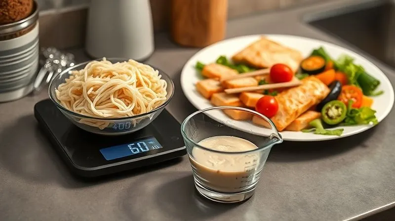 Photorealistic image of a kitchen counter with a digital food scale, a bowl of dry gluten-free rice noodles being weighed to exactly 60 grams, and a measuring cup next to it. In the background, a plate with a beautifully composed healthy meal (rice noodles, vegetables, lean protein) is visible. Cinematic lighting, sharp focus, 8K.