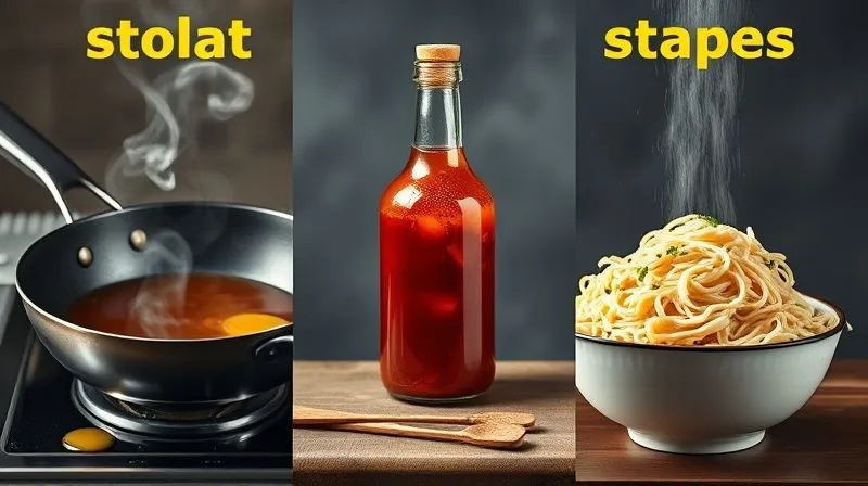 Photorealistic image illustrating common cooking mistakes. One section shows a pan with excessive oil smoking, another section shows a bottle of highly processed, sugary sauce being poured generously, and a third section shows a huge, overflowing bowl of plain rice noodles without protein or vegetables. Cinematic lighting, 8K, sharp focus, slightly chaotic but educational composition.
