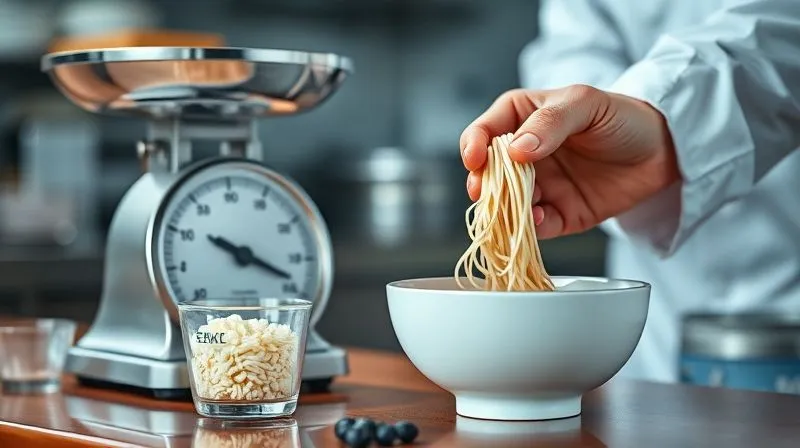 Photorealistic, professional photography, 8K, cinematic lighting, sharp focus, depth of field, shot on a high-end DSLR. A kitchen scale with a small, perfectly portioned amount of dry rice noodles, next to a measuring cup and a chef's hand gently placing the noodles into a bowl. The background shows a clean, modern kitchen, emphasizing precision and healthy cooking.