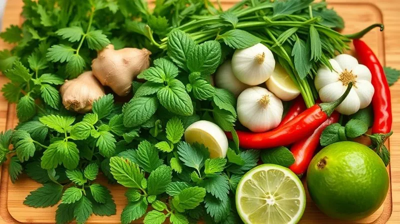 Photorealistic, professional photography, 8K, cinematic lighting, sharp focus, depth of field, shot on a high-end DSLR. A vibrant array of fresh herbs like cilantro, basil, mint, alongside ginger, garlic, chili, and lime, artfully arranged on a wooden cutting board, ready to be incorporated into a light and flavorful sauce. The scene is bright and emphasizes freshness.