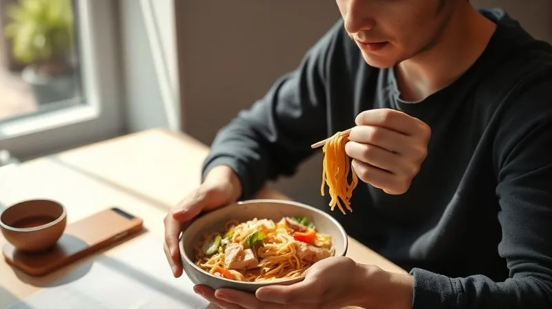 Photorealistic, professional photography, 8K, cinematic lighting, sharp focus, depth of field, shot on a high-end DSLR. A person sitting at a minimalist, sunlit dining table, enjoying a bowl of healthy rice noodles with vegetables and lean protein. Their eyes are focused on the food, hands gently holding chopsticks, conveying a sense of calm, mindfulness, and appreciation for the meal. No distractions like phones or screens are visible.